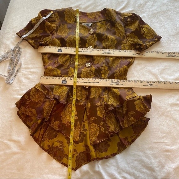 Vintage NONA Fashion USA Shimmer Gold Floral 2 Piece Jkt Ruffles Midi SZ M - Picture 7 of 10